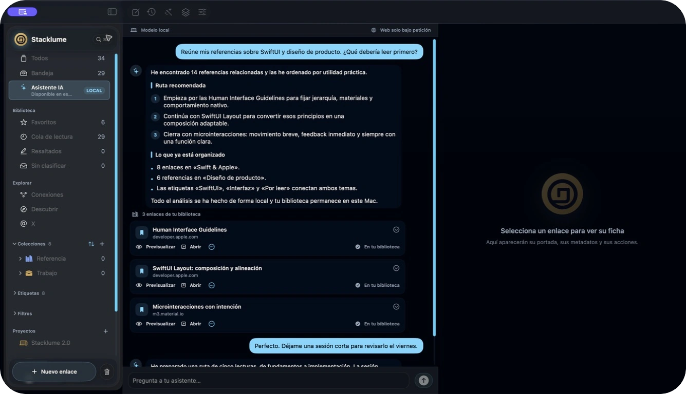 Captura real del asistente local de Stacklume para Mac con una conversación poblada y referencias verificables
