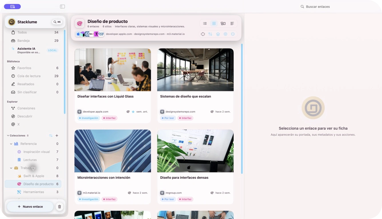 Captura real de Stacklume para Mac mostrando colecciones jerárquicas y un tema claro alternativo