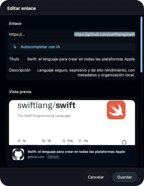 Captura real del editor nativo de Stacklume para Mac con título, descripción, portada y autoenriquecimiento