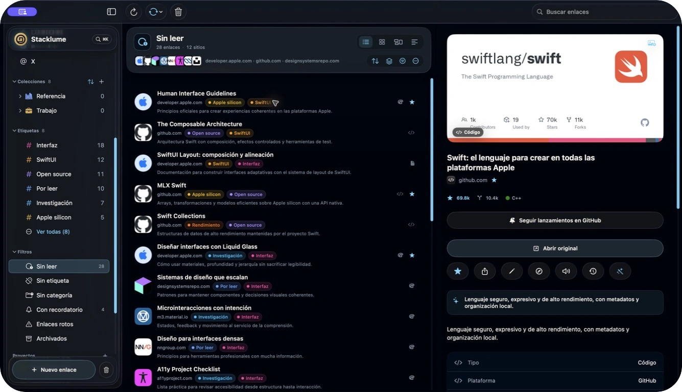Captura real de Stacklume para Mac mostrando filtros inteligentes y una ficha enriquecida