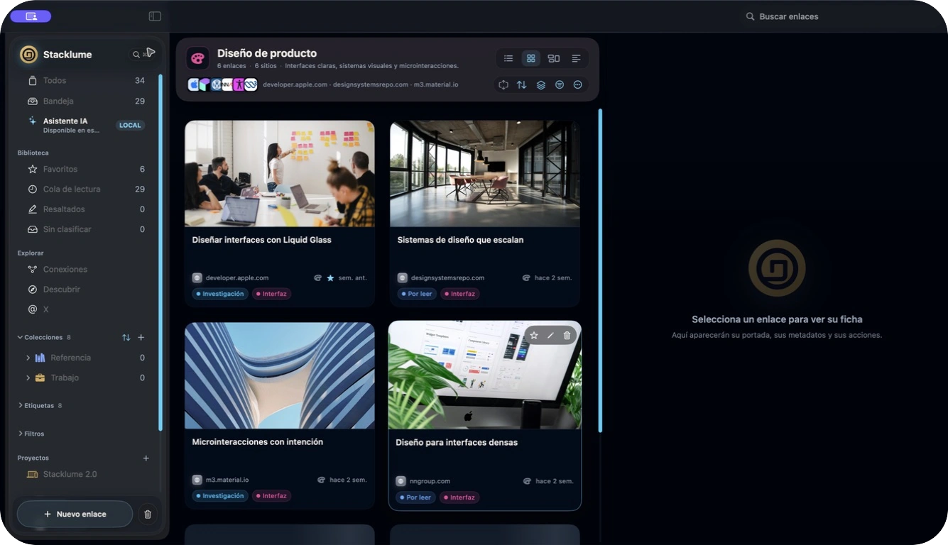 Captura real de Stacklume para Mac mostrando una colección de diseño en vista de cuadrícula