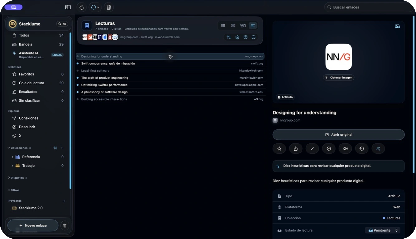 Captura real de Stacklume para Mac mostrando una colección de lecturas en vista Titulares