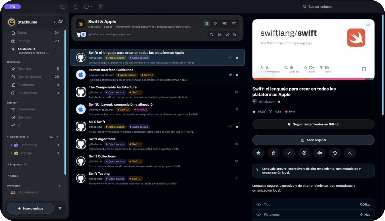 Captura real de Stacklume para Mac mostrando una colección de Swift en vista de lista y una ficha enriquecida