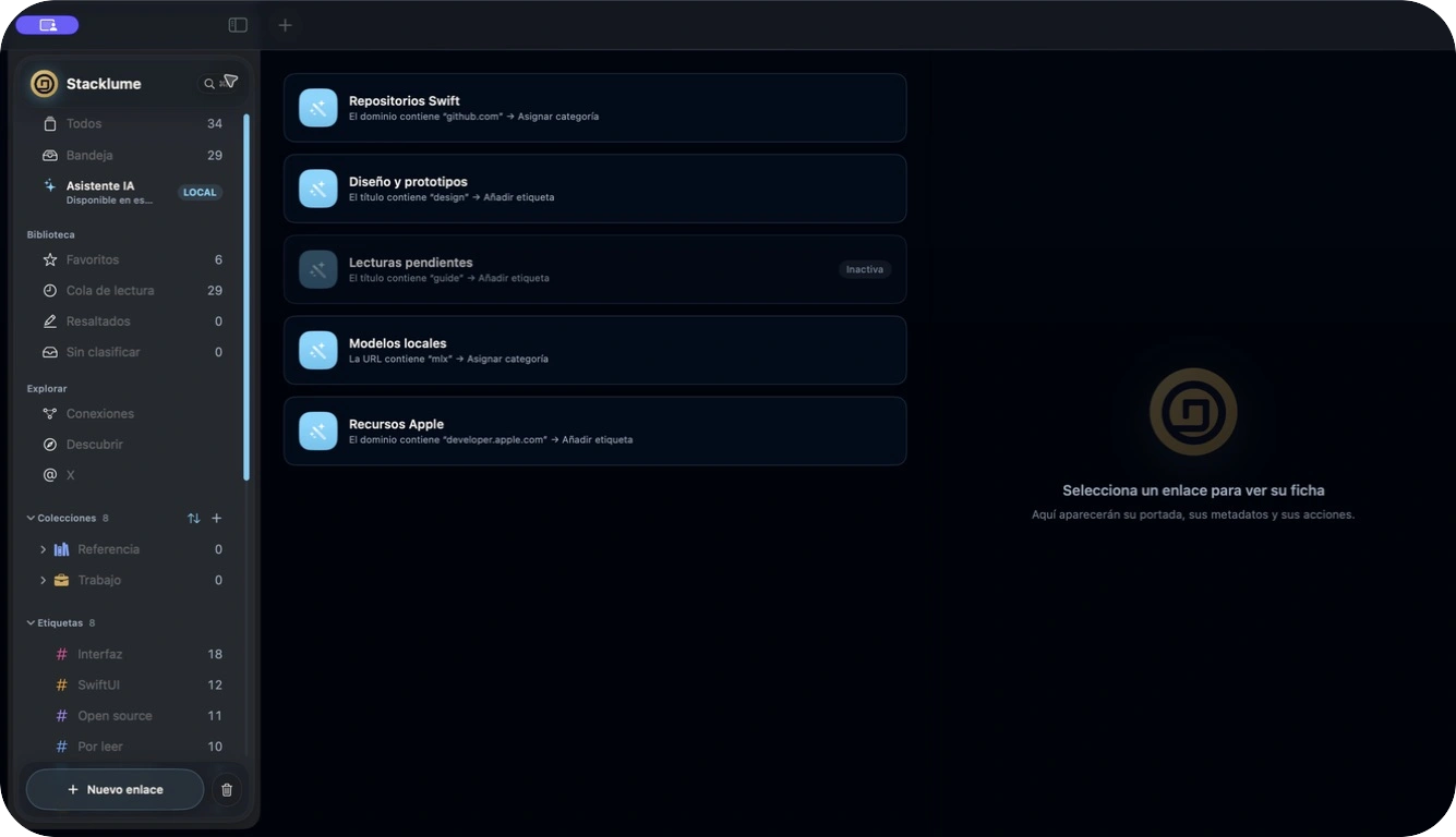 Captura real de Stacklume para Mac mostrando reglas automáticas de clasificación