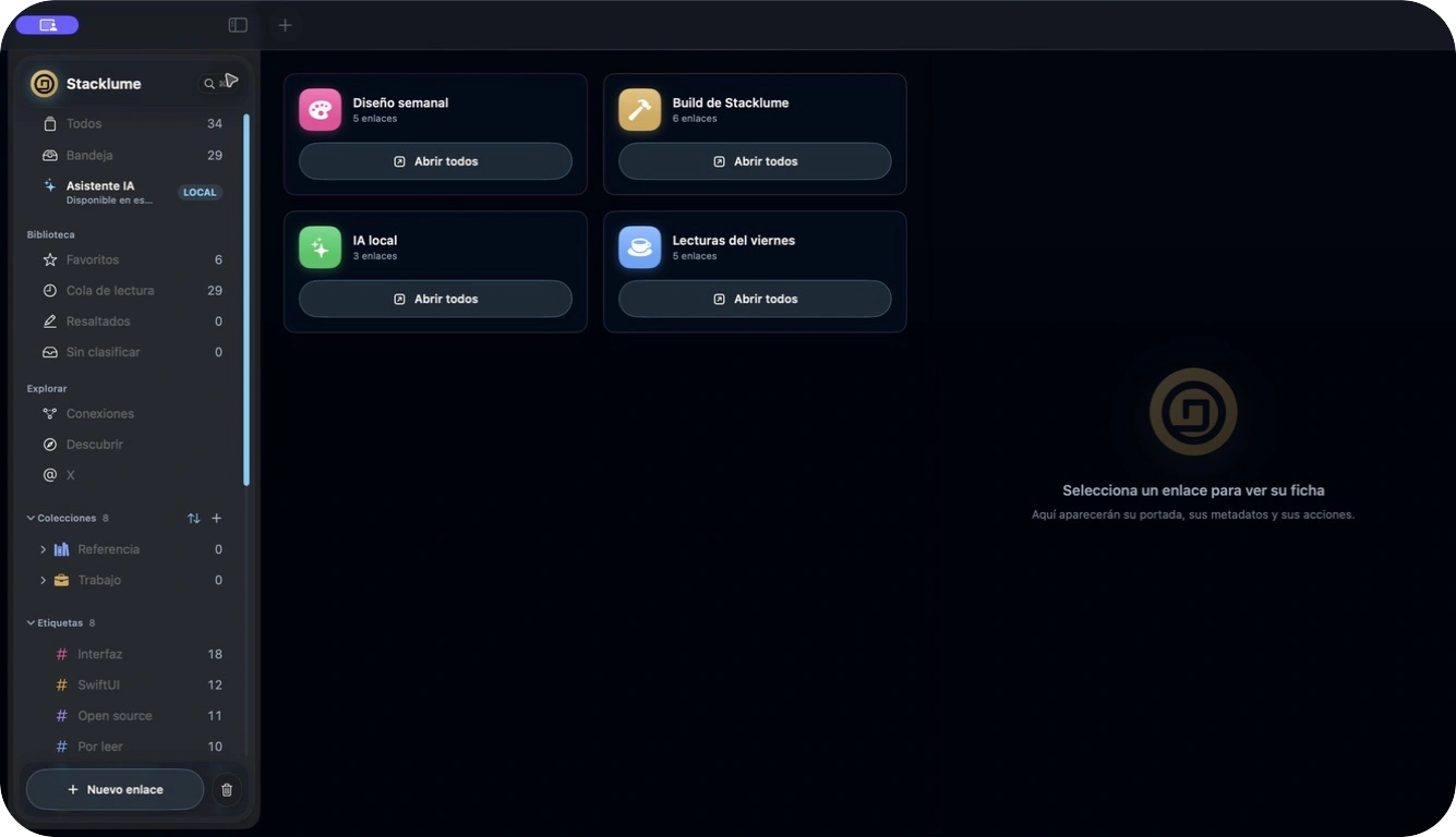 Captura real de Stacklume para Mac mostrando sesiones temáticas de enlaces