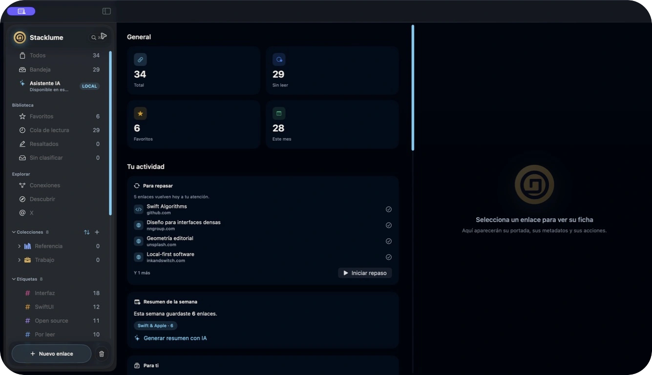 Captura real de Stacklume para Mac mostrando estadísticas y elementos pendientes de repaso
