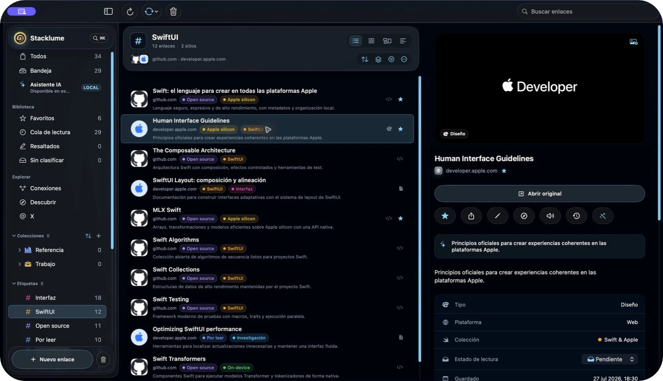Captura real de Stacklume para Mac mostrando etiquetas, contadores y enlaces relacionados