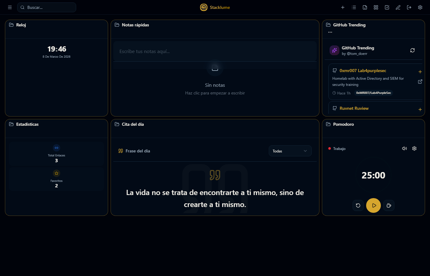 Dashboard modular de Stacklume para Windows con widgets de notas, estadísticas, GitHub y Pomodoro