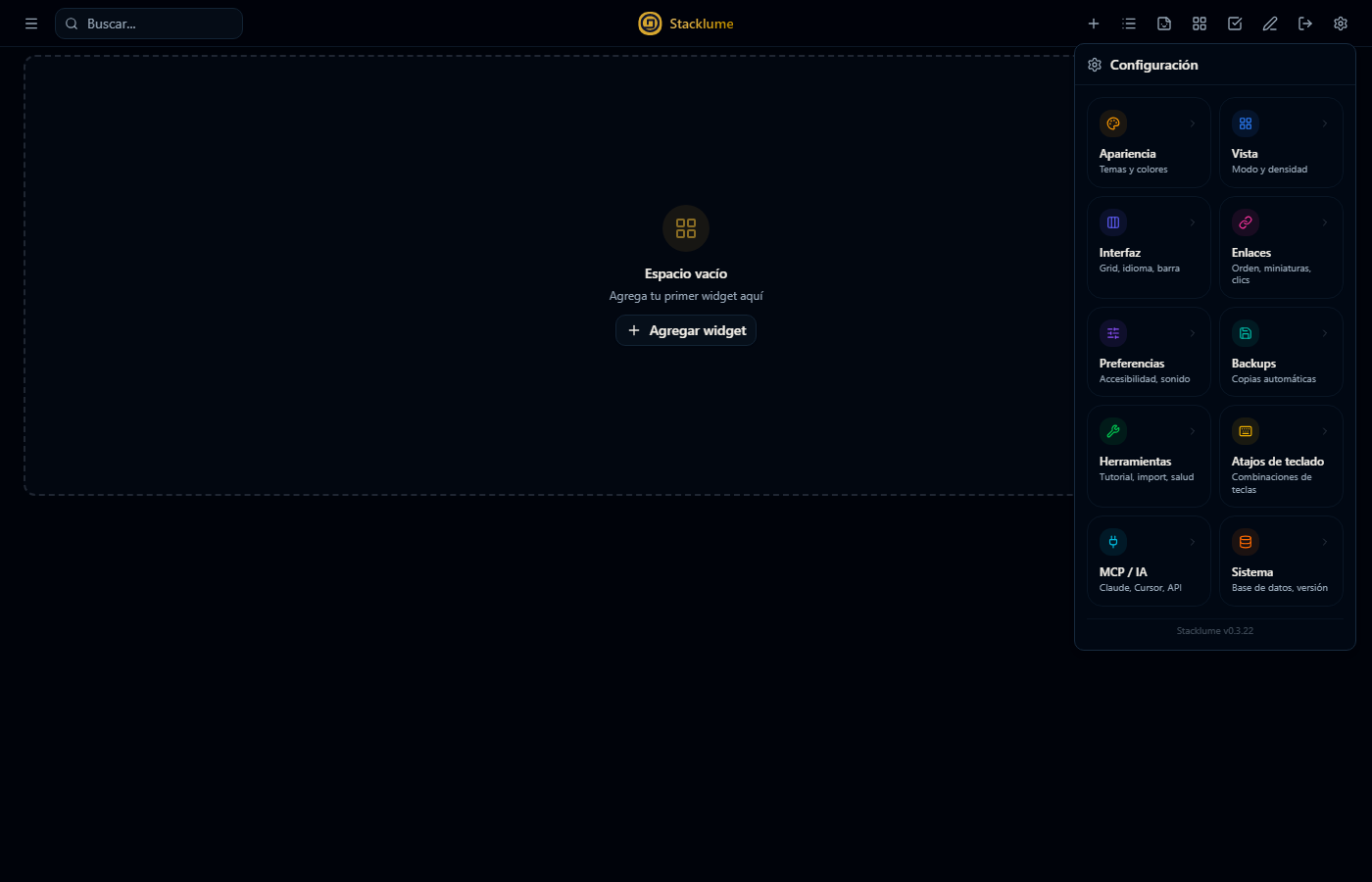 Panel de configuración de Stacklume para Windows con ajustes de apariencia, vistas, copias y atajos