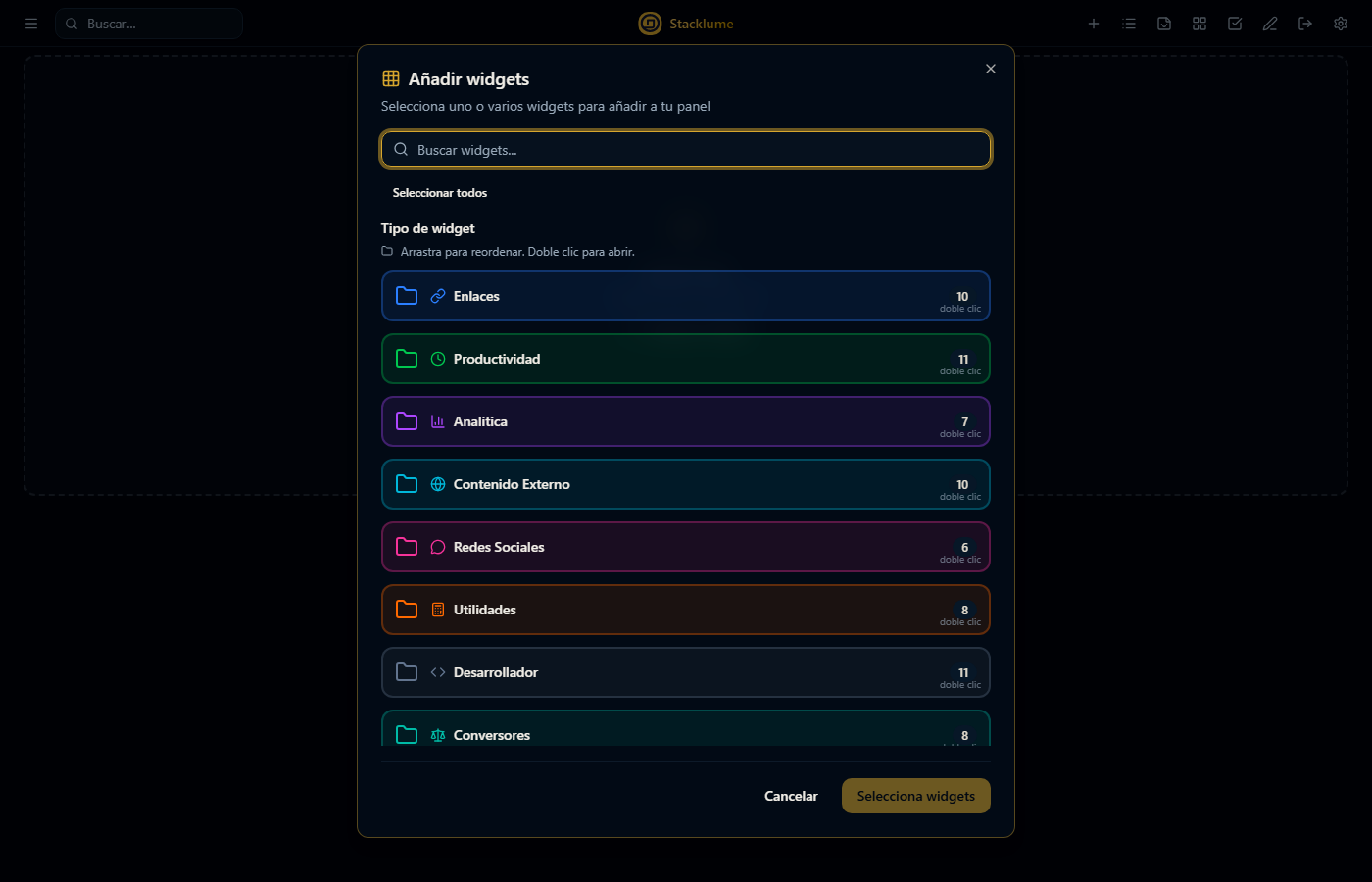 Catálogo de widgets de Stacklume para Windows organizado por categorías